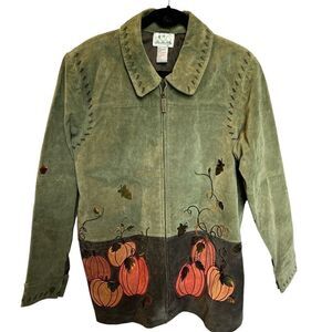 The Quacker Factory Women's Suede Leather Fall Jacket Large Green/Orange/Gray